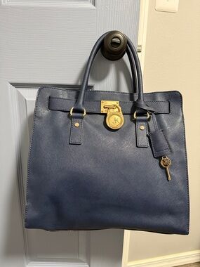 Michael Kors Navy Saffiano Leather Satchel with Gold Hardware
